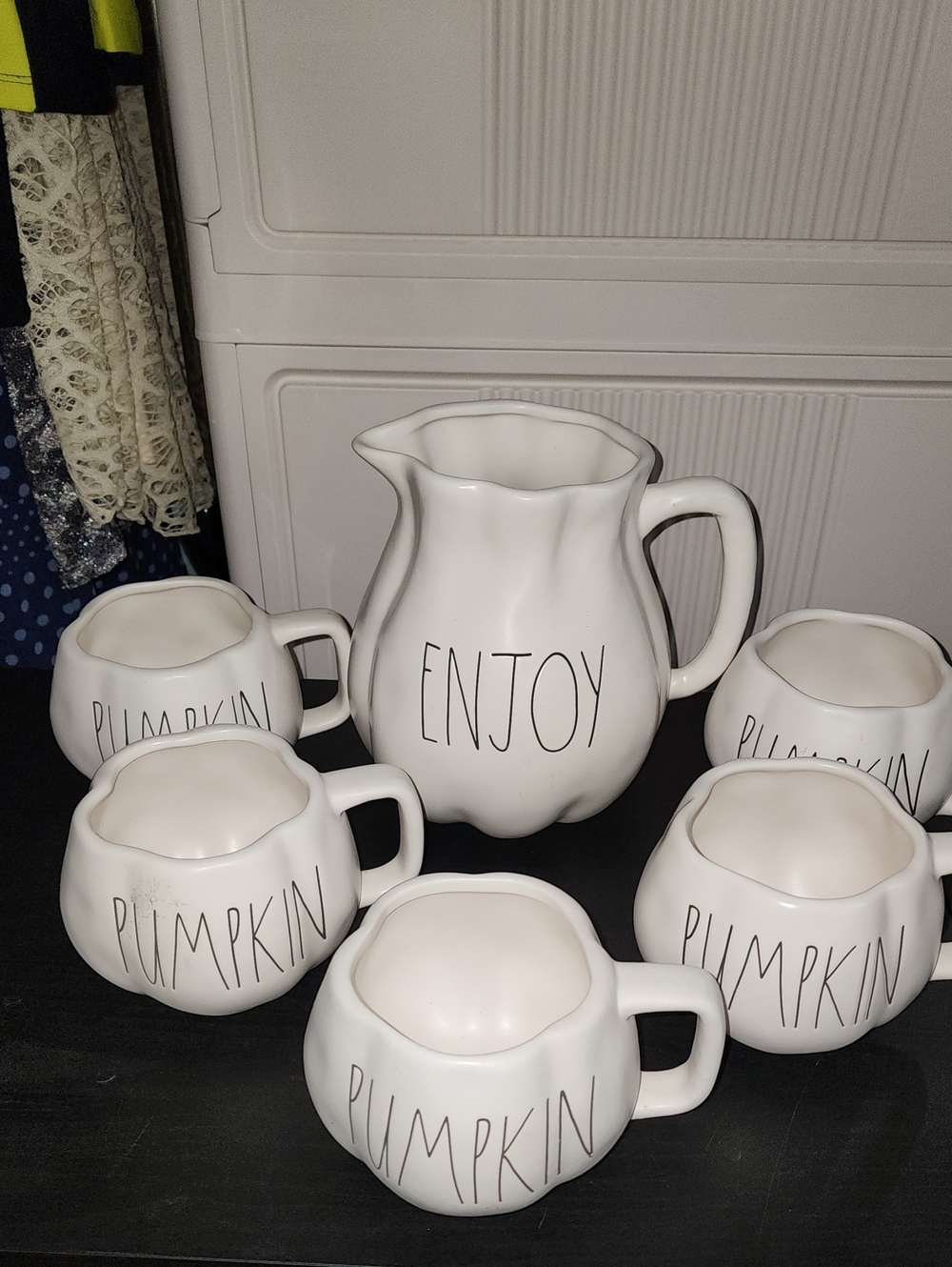 NWOT Rae Dunn "Enjoy" Pitcher and Pumpkin Mugs - White Ceramic Serving Set